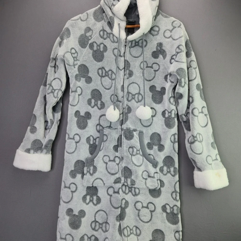 Disney Minnie Mouse Fleece Union Suit Pajamas Small Gray Hooded One Piece Plush - Picture 3 of 16